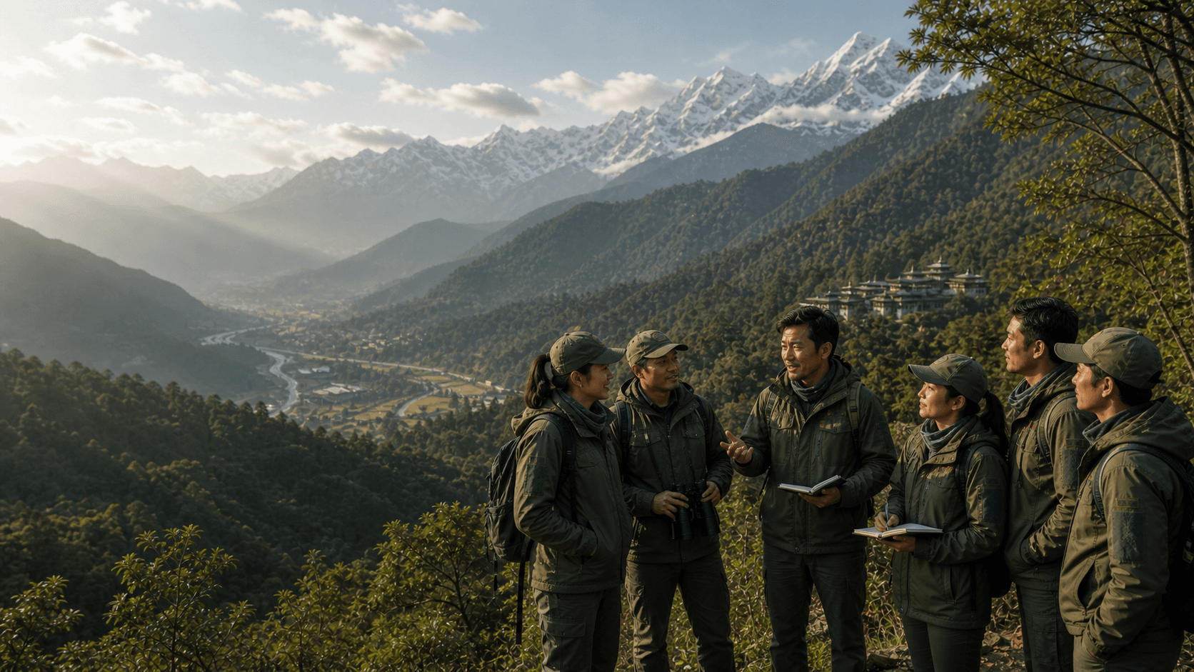 Asian rangers and conservation leaders gathered in a Himalayan conservation landscape