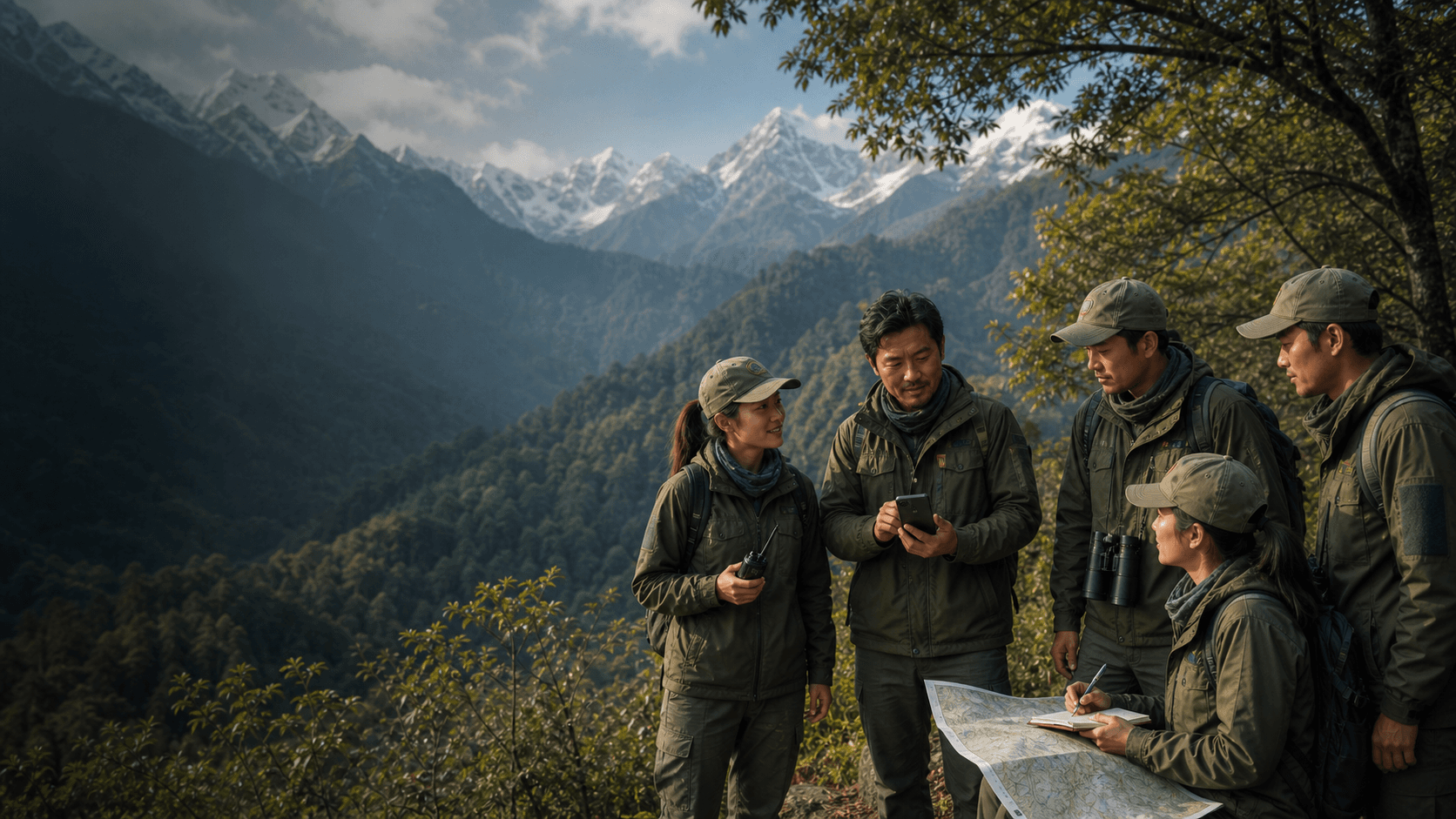 Asian rangers coordinating congress communications in a Himalayan landscape