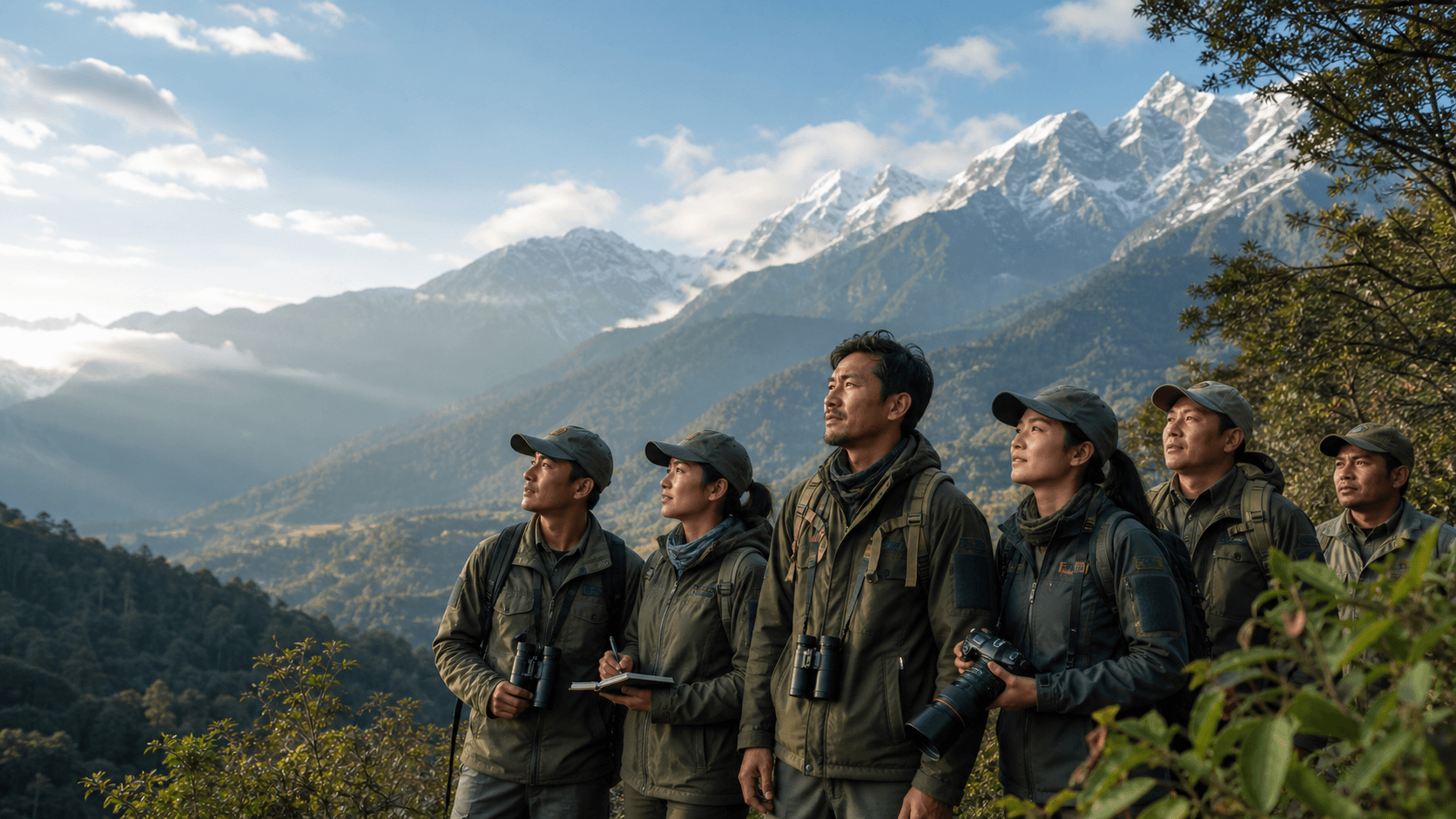 Asian rangers overlooking a Himalayan conservation landscape