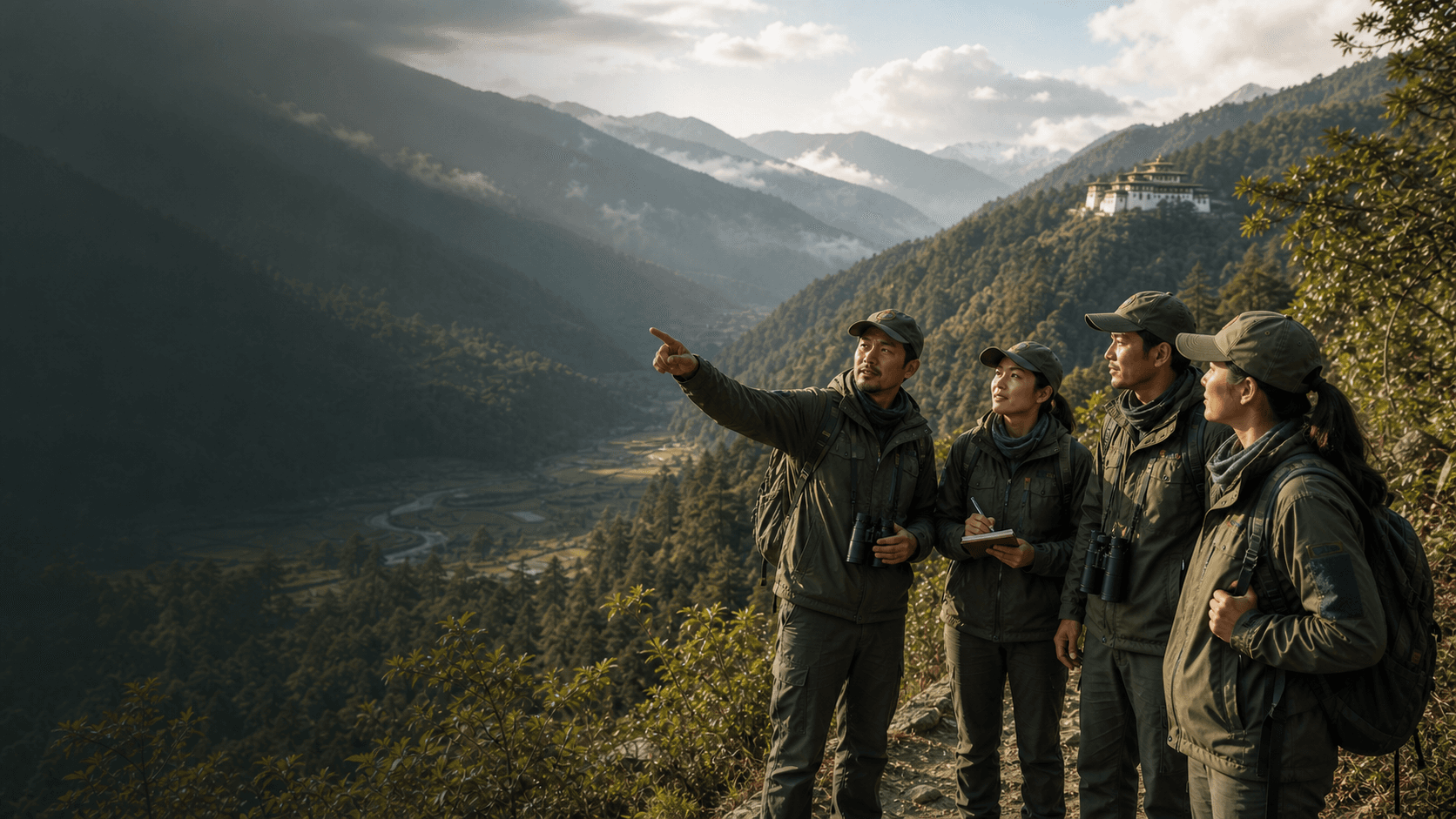 Rangers guiding a field excursion through a Himalayan conservation landscape in Bhutan