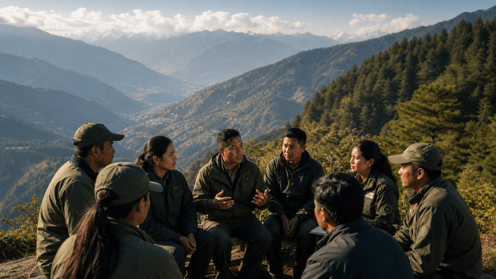 Asian rangers gathered in discussion above a Himalayan valley.