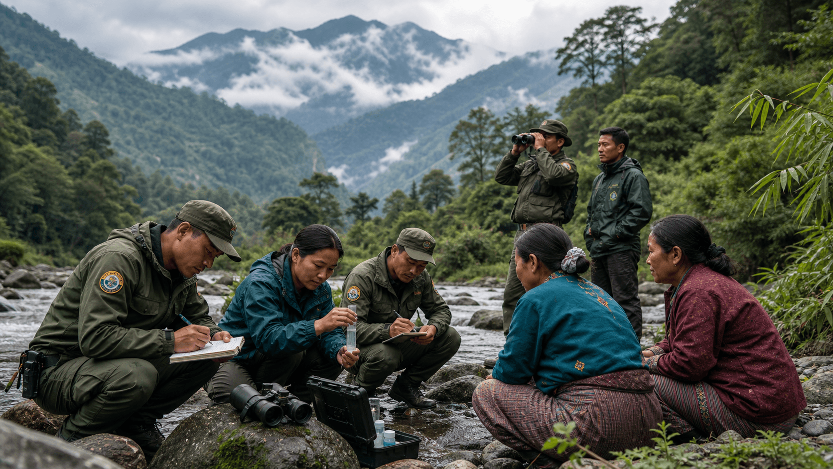 Rangers and community members monitoring a forest stream in a Himalayan landscape.