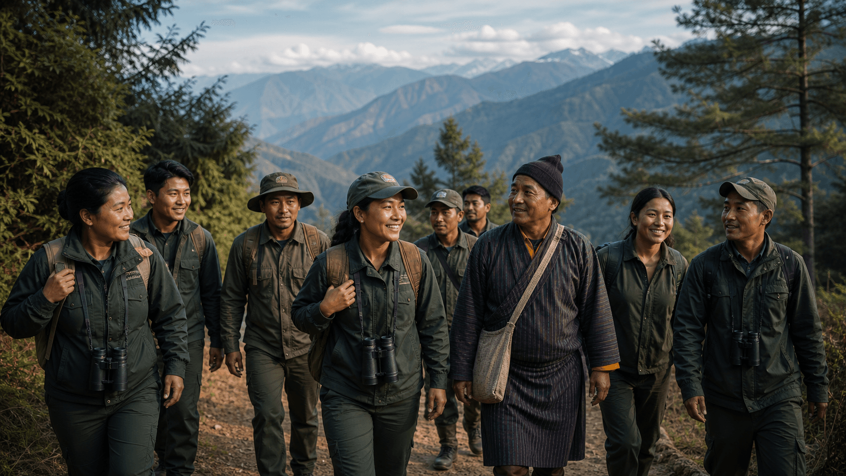 A diverse ranger team walking together on a Himalayan forest trail.