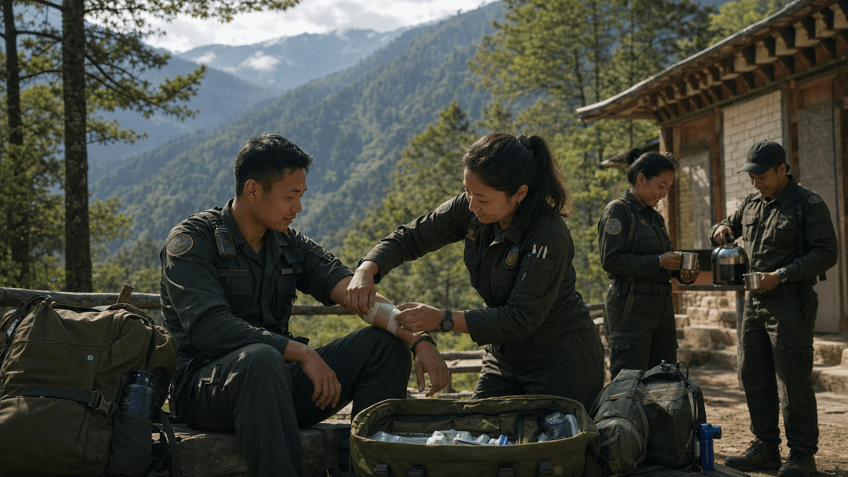 Rangers providing first-aid and safety support at a mountain field station.