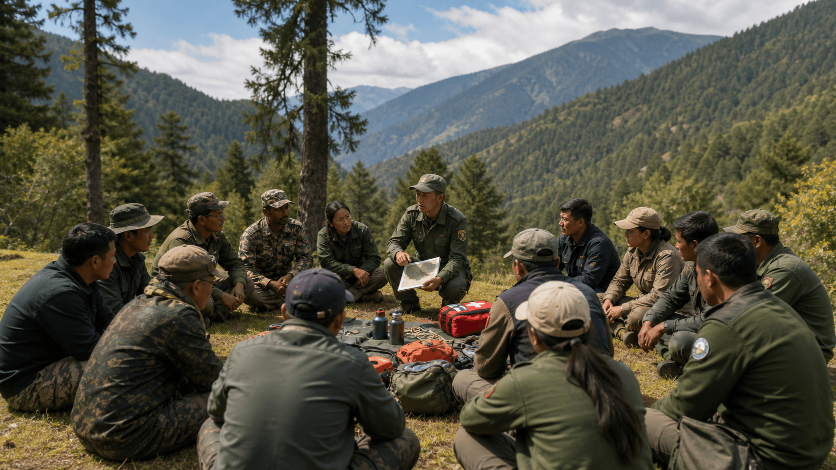 Rangers from across Asia training together in a mountain forest clearing.