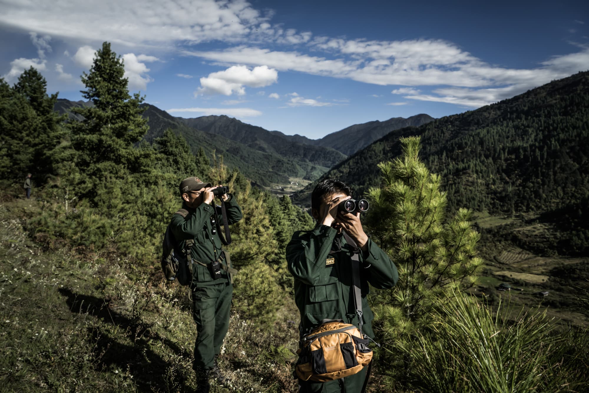 Rangers using binoculars while surveying a mountain landscape.