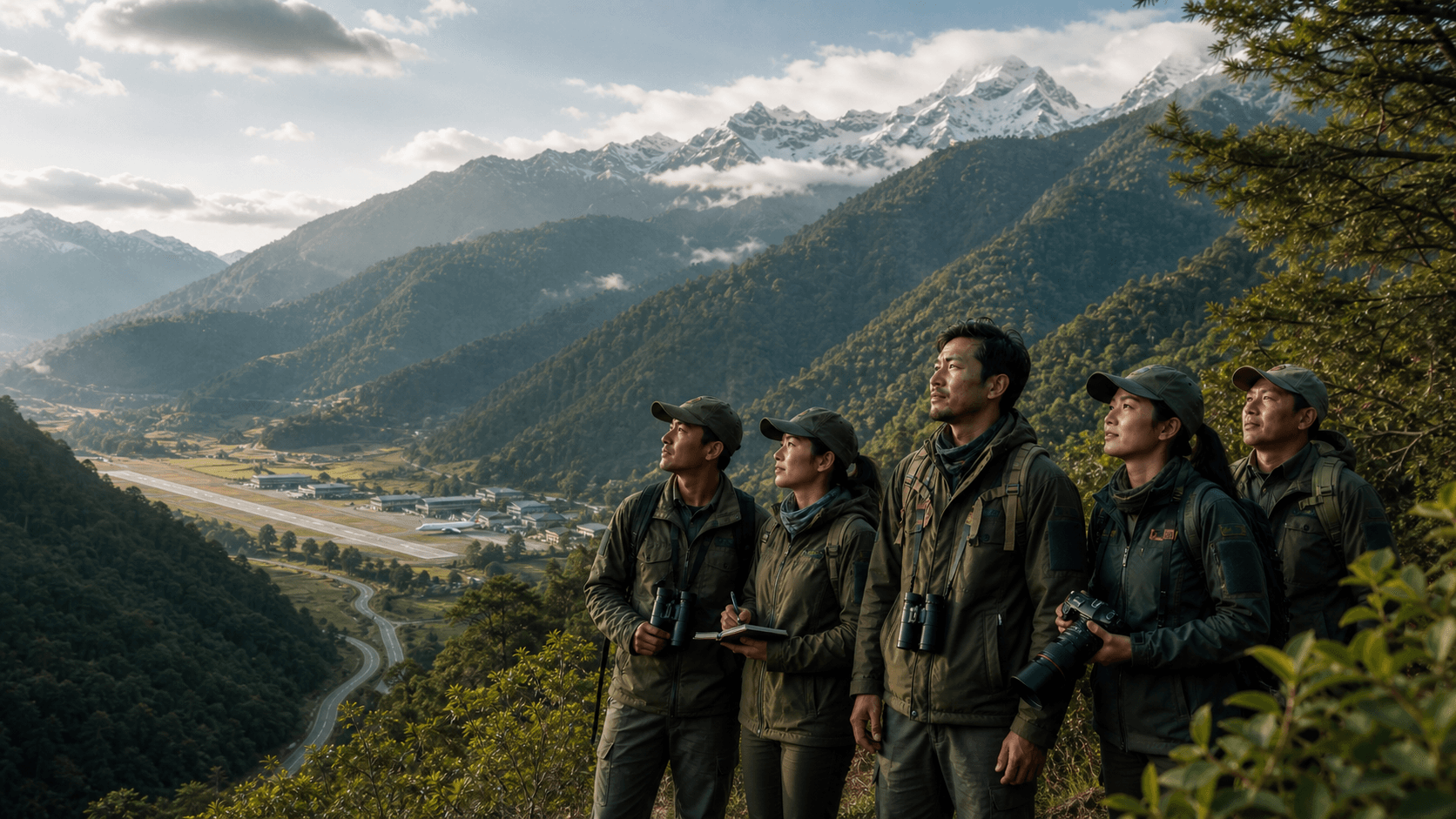Asian rangers looking out over a Himalayan valley in Bhutan